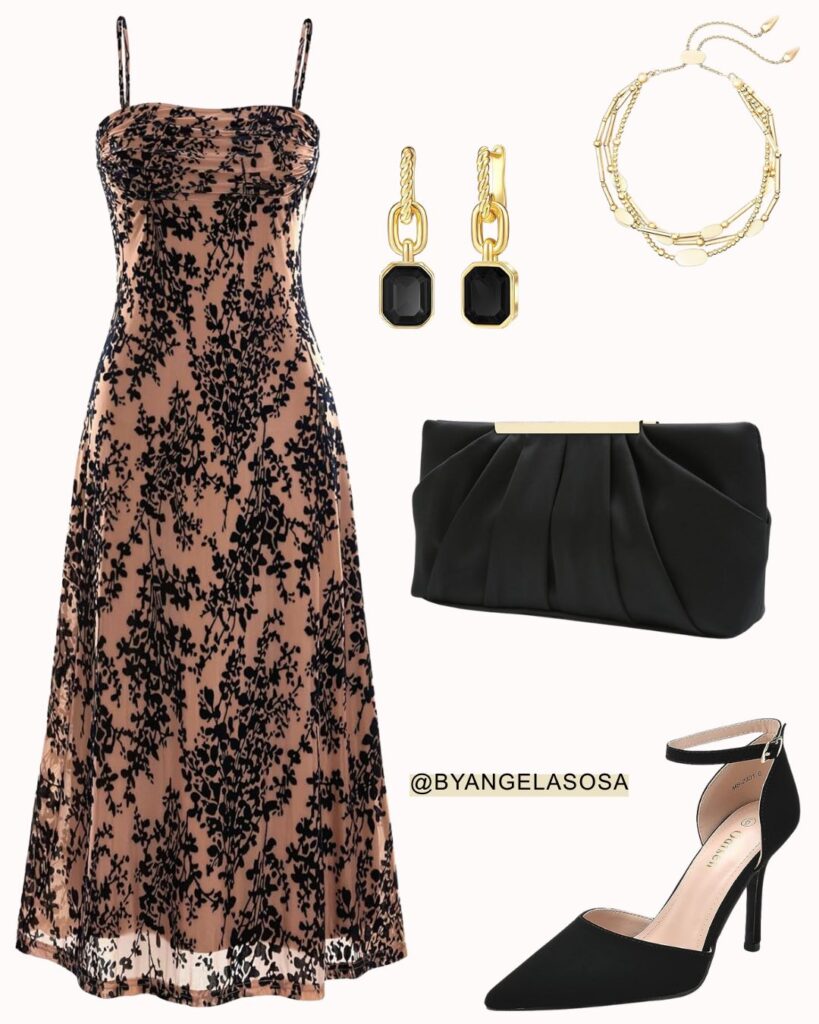 Wedding guest outfit idea with a beige and black dress