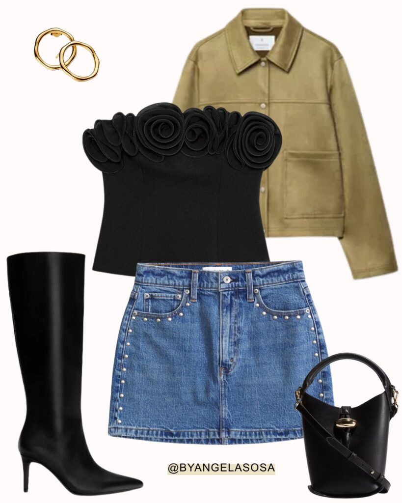 Casual outfit with denim skirt and black boots