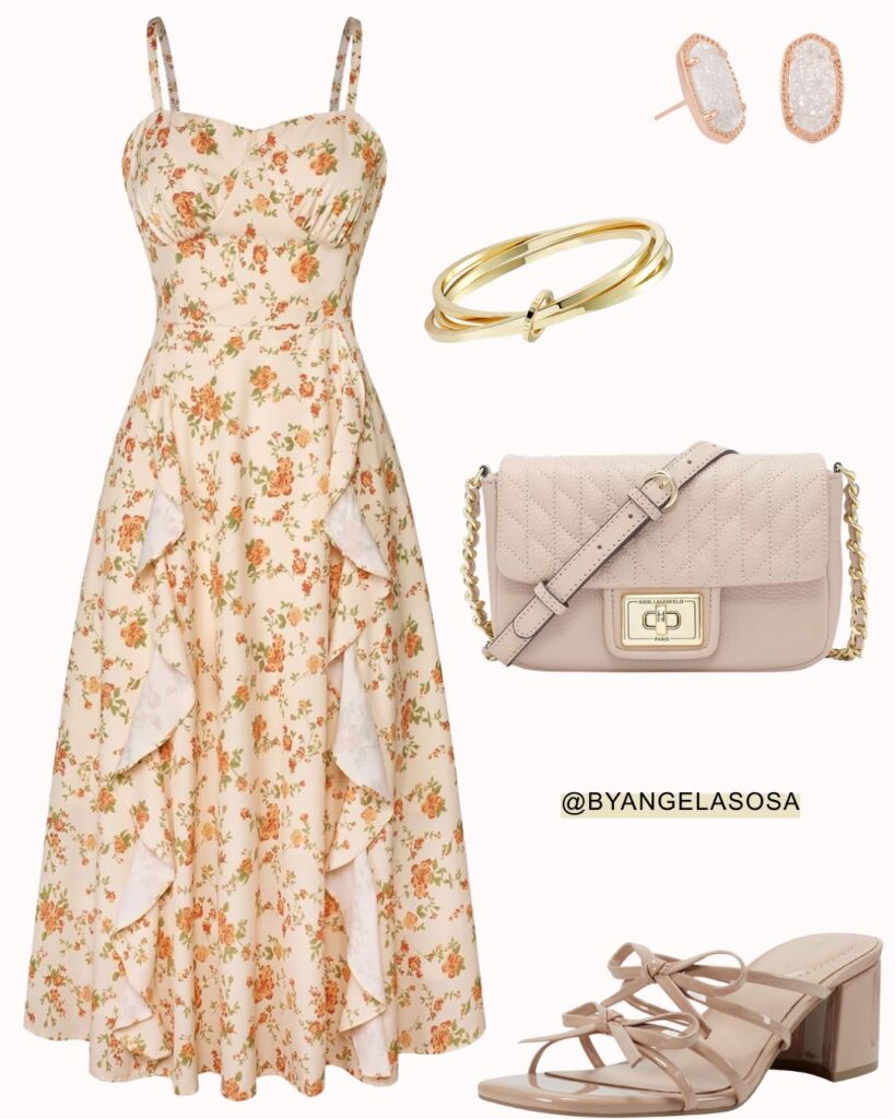 Chic wedding guest look featuring an orange and white floral dress