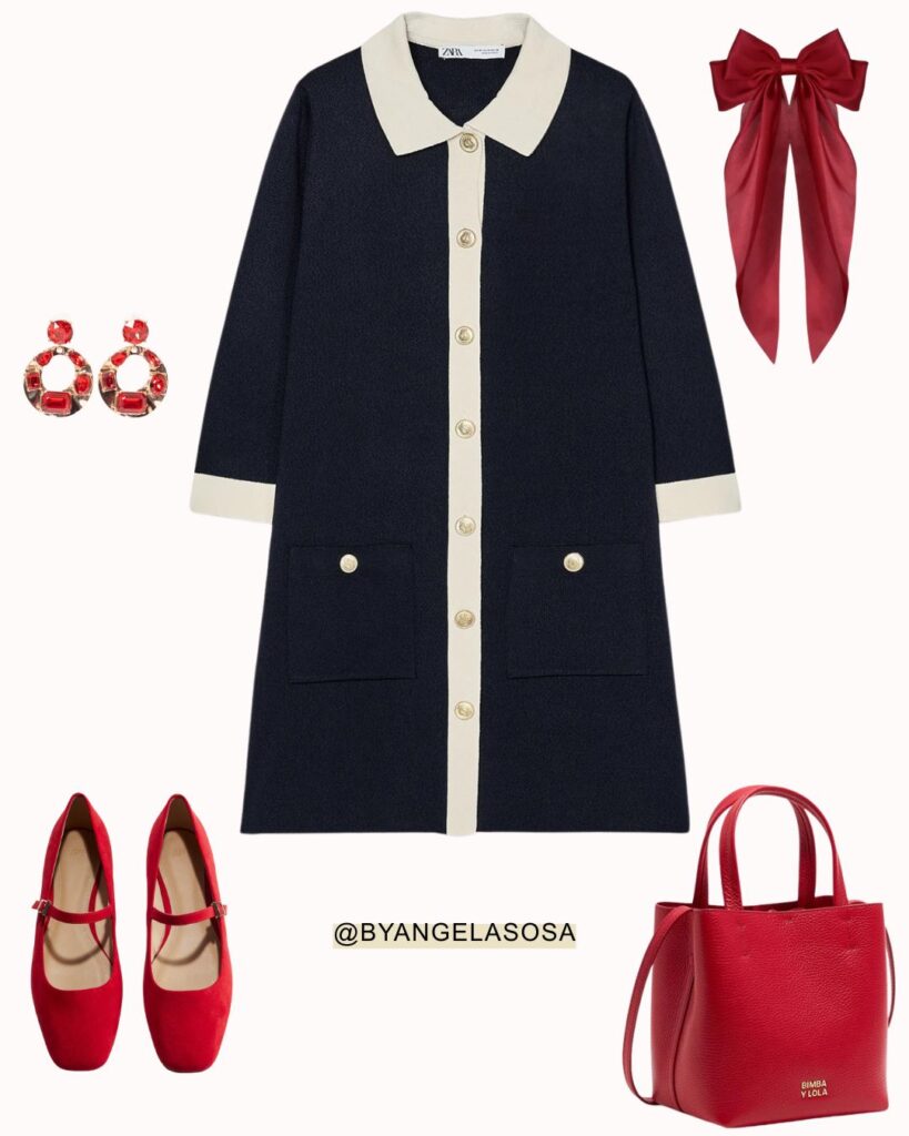 Blue-dress-with-white-details-and-red-accessories