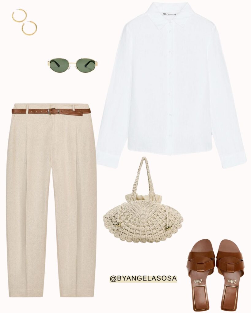 Look minimalista con pantalon de lino y camisa blanca