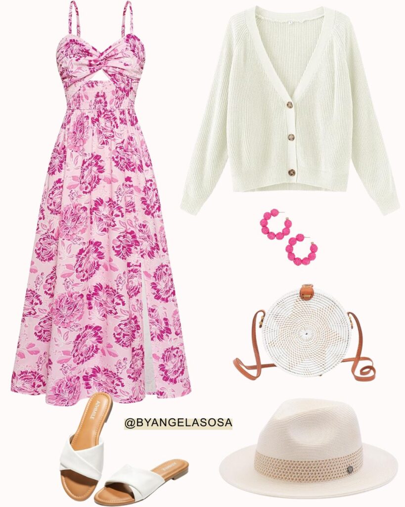Summer look idea with a pink floral dress