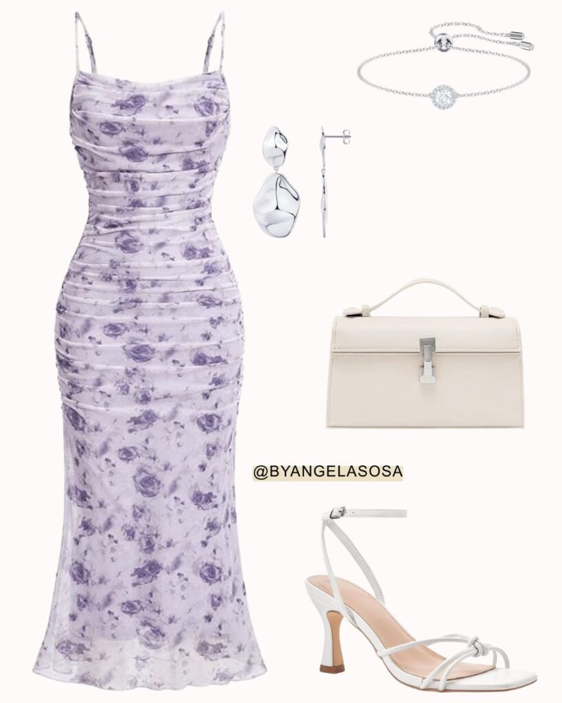 Wedding guest outfit idea with a floral dress