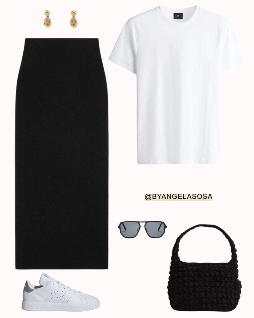 Outfit minimalista con falda midi negra