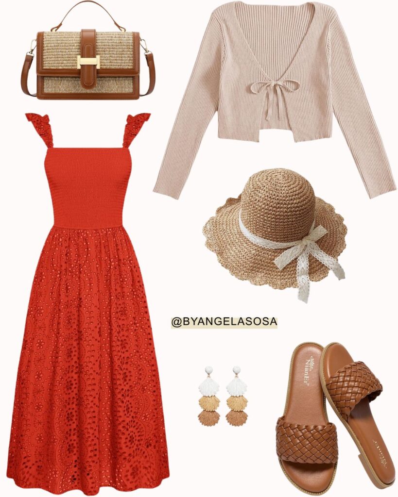 Summer outfit idea with an orange midi dress