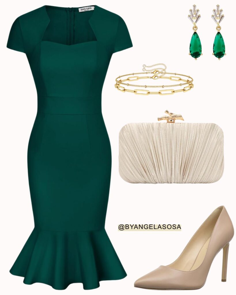 Wedding guest outfit idea with a green dress