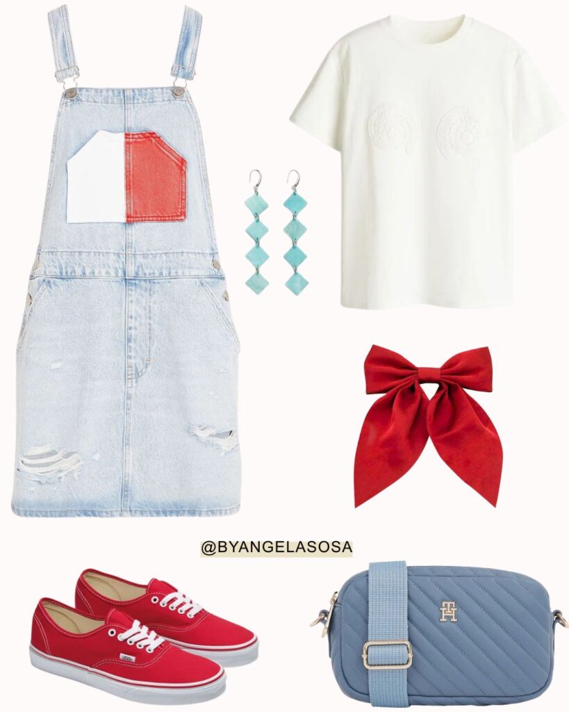 Denim-overalls-white-t-shirt-red-bow