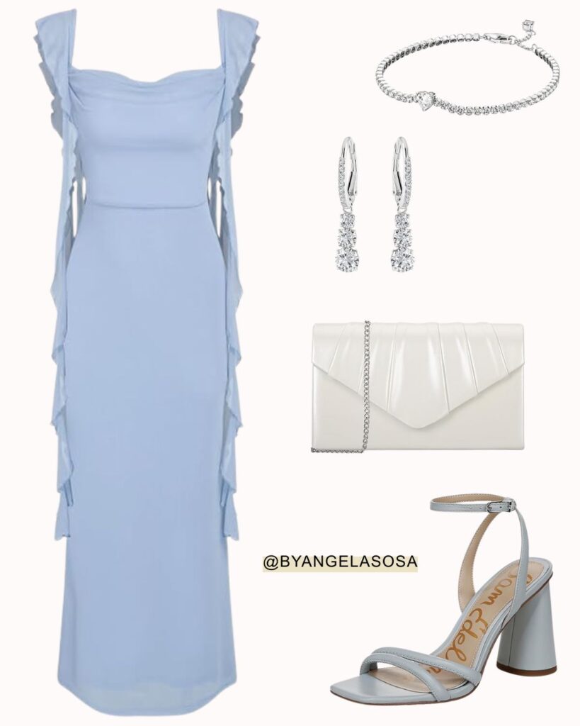 Wedding guest outfit idea with a blue dress