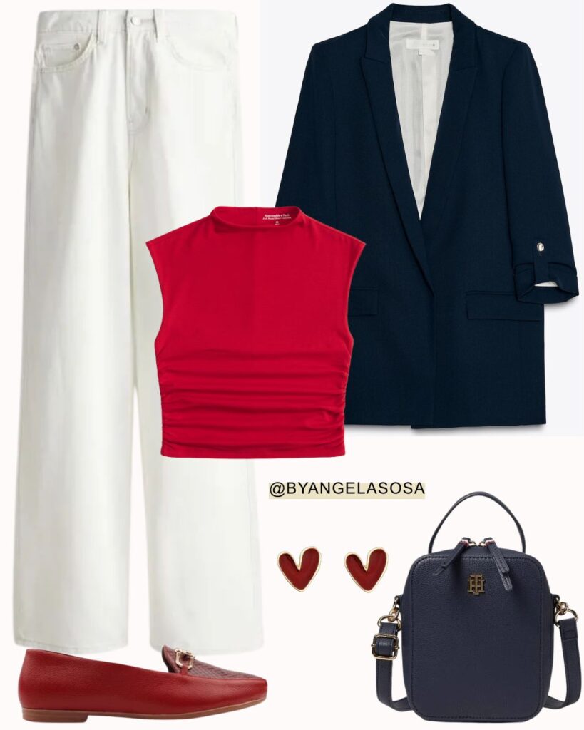 Blue blazer + white jeans + red t-shirt