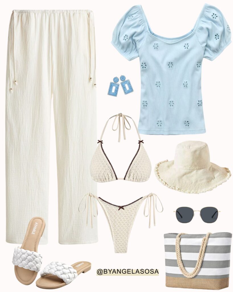 Blue blouse and white pants