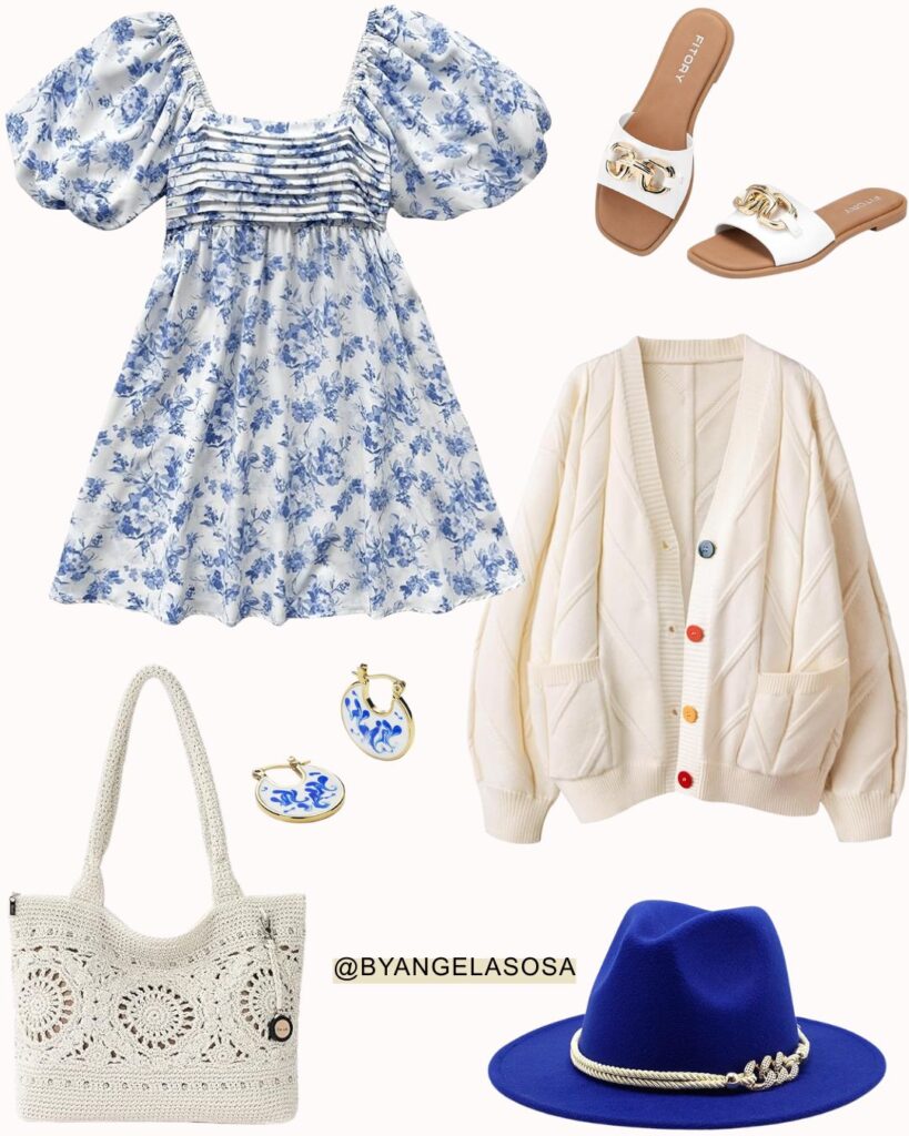 Outfit with a short blue floral summer dress