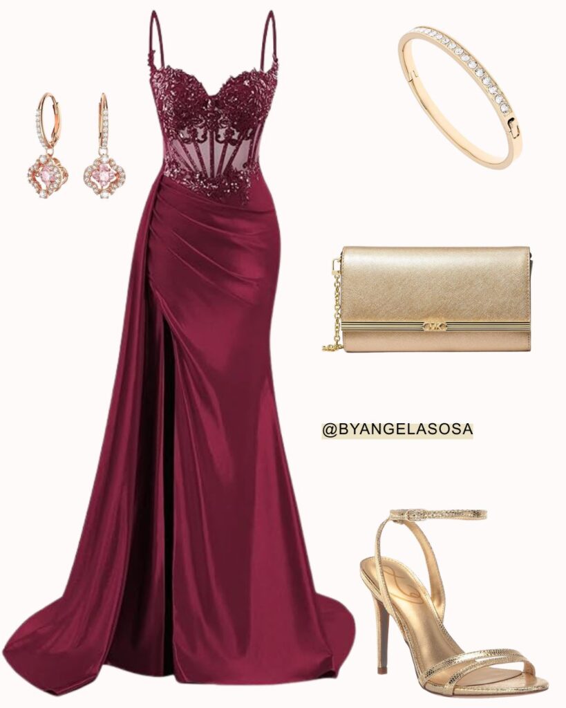 Wedding guest outfit idea with a burgundy dress