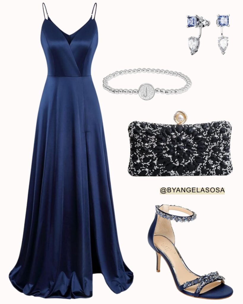 Wedding guest outfit idea with a navy blue dress