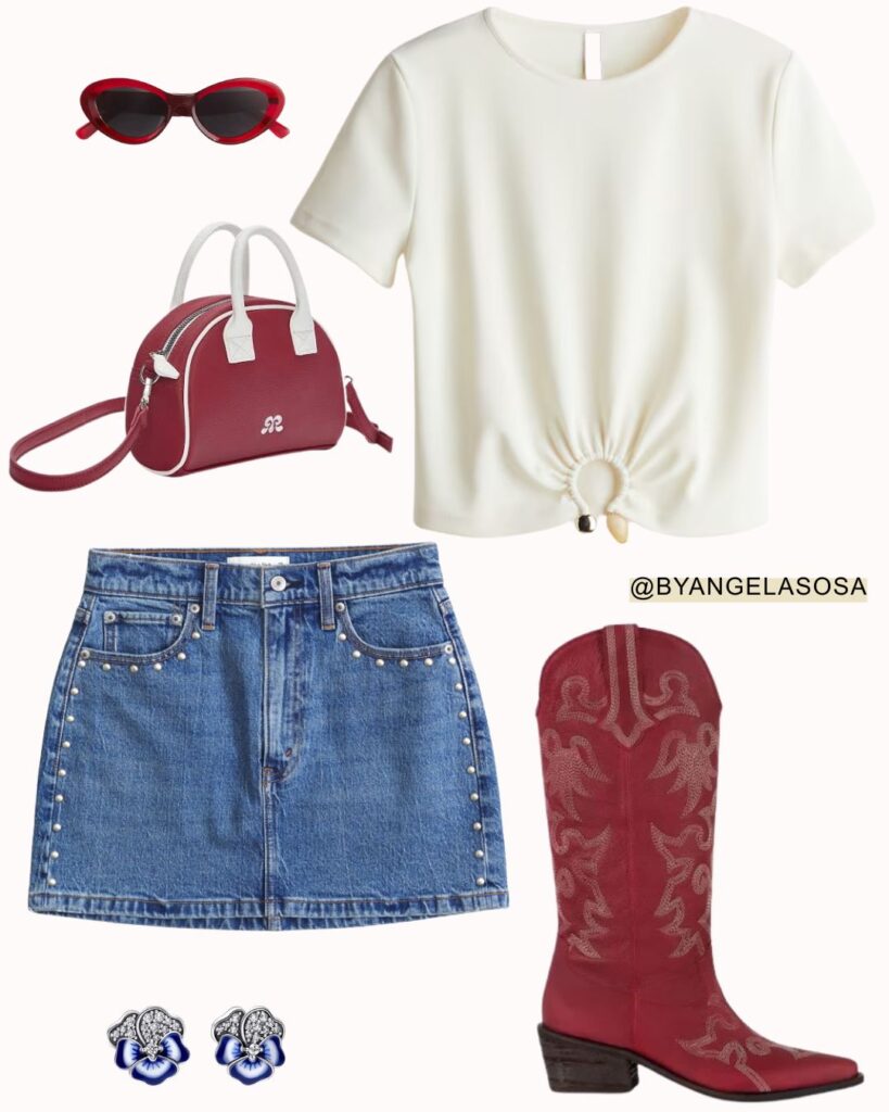 White knotted shirt + denim skirt