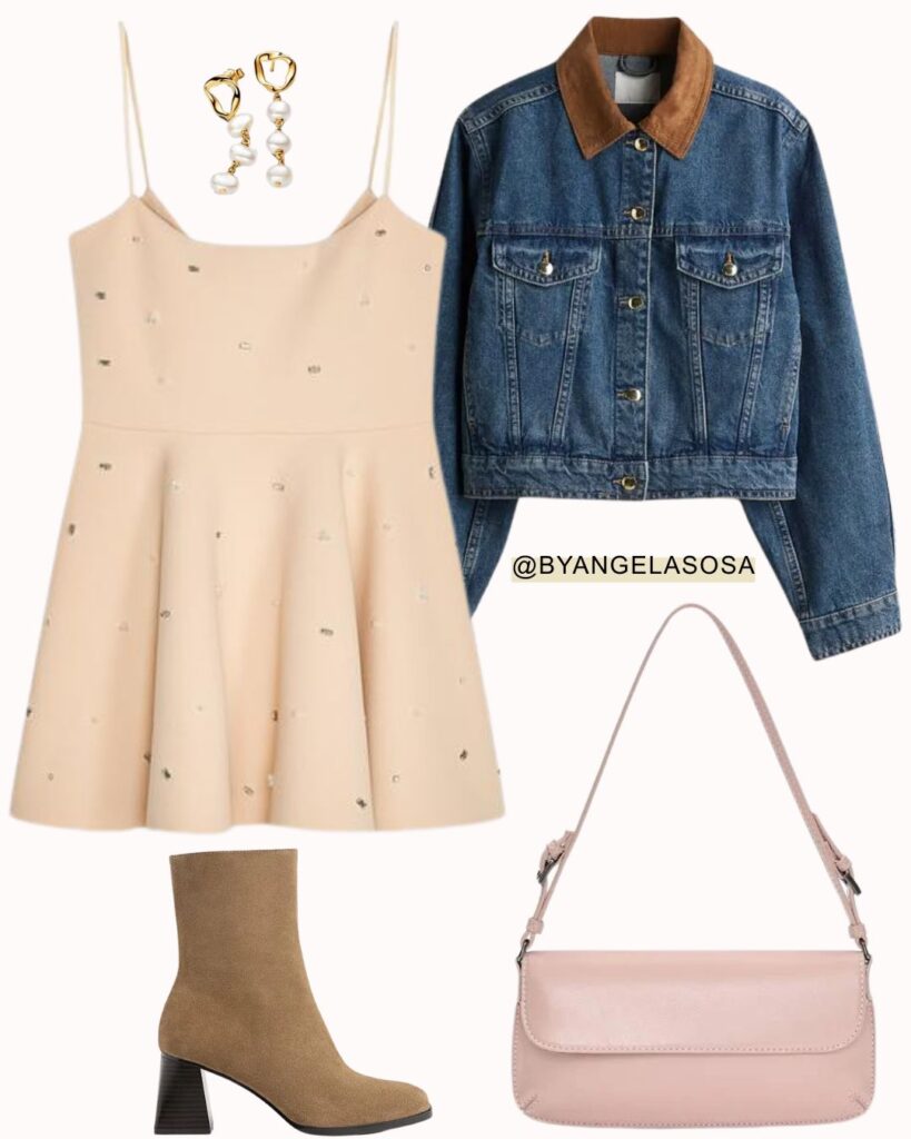 Outfit with a pastel dress and denim jacket