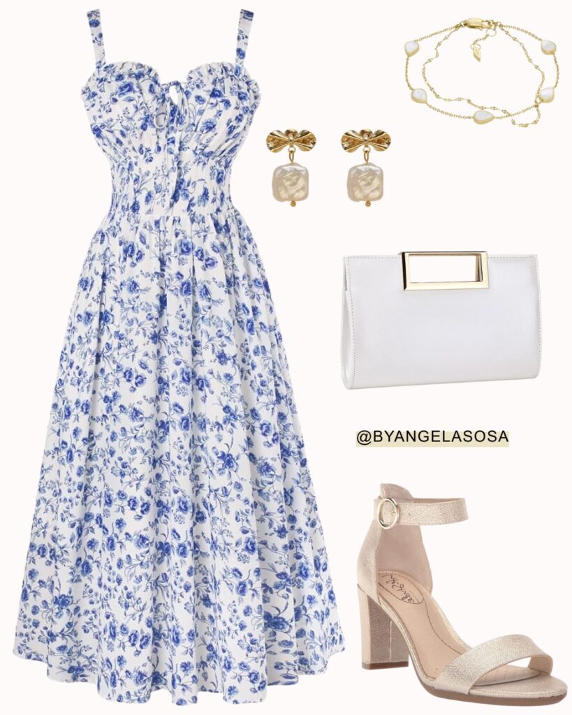 Blue floral dress wedding guest outfit inspiration