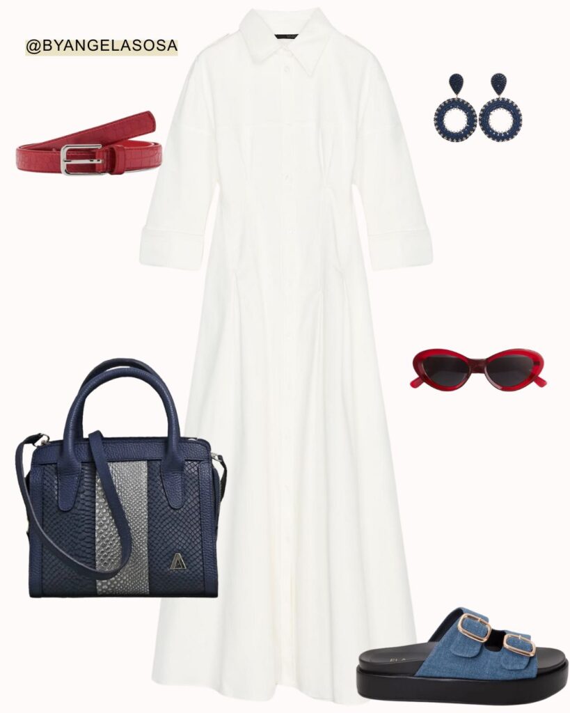 White shirt dress + red belt + blue bag