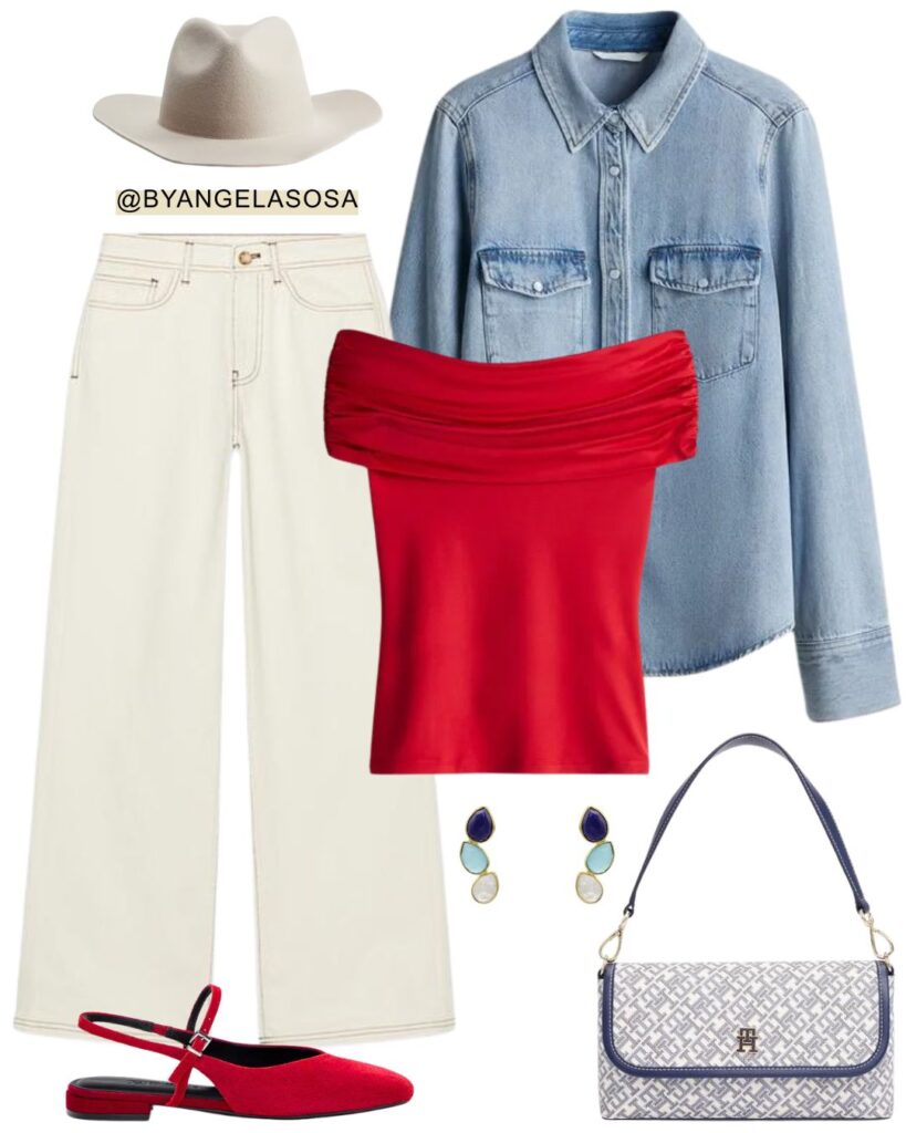 Red offshoulder blouse + light jeans
