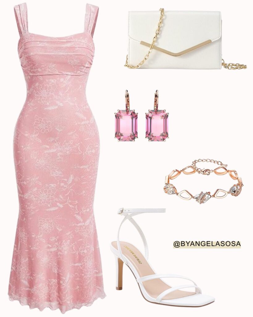 Wedding guest look with a pink dress