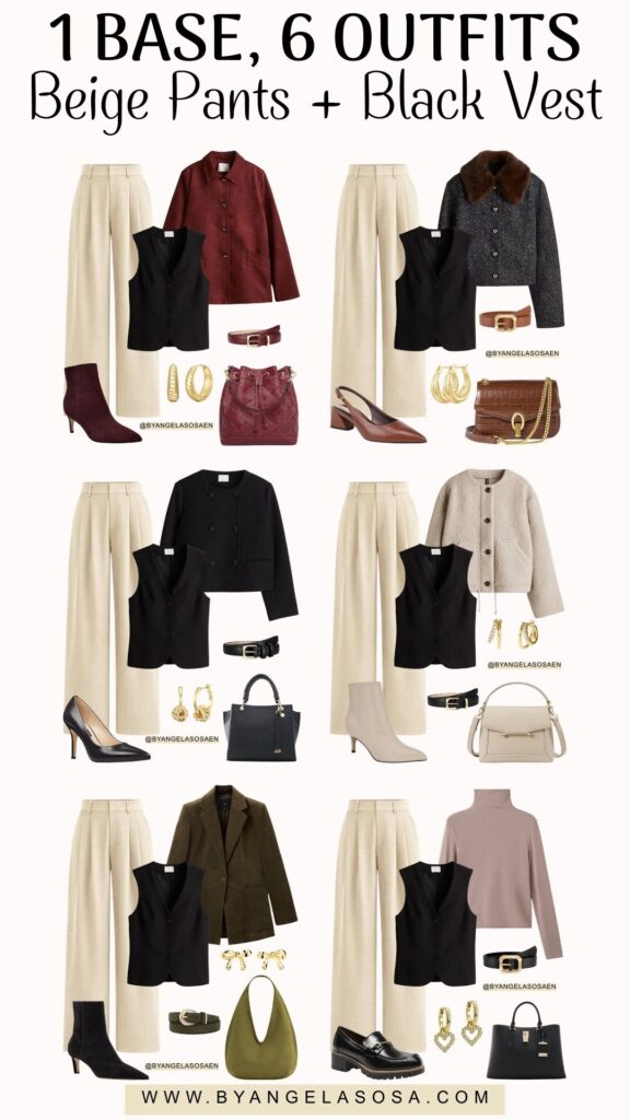 6 Minimalist Outfits with Beige Pants and a Black Vest