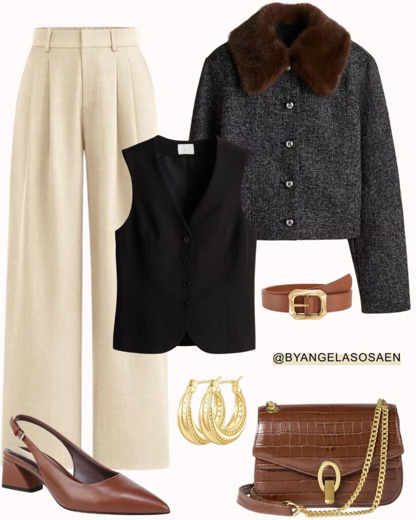 Beige Pants + Black Vest Look
