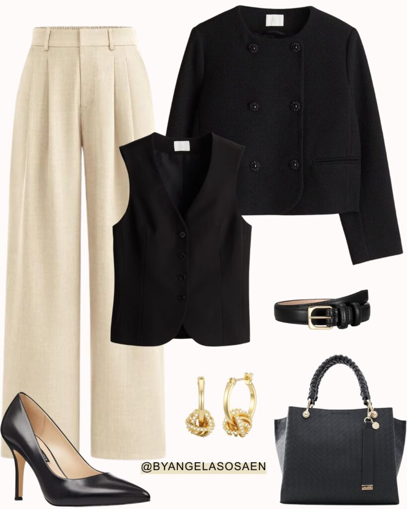 Beige Pants + Black Vest Outfit