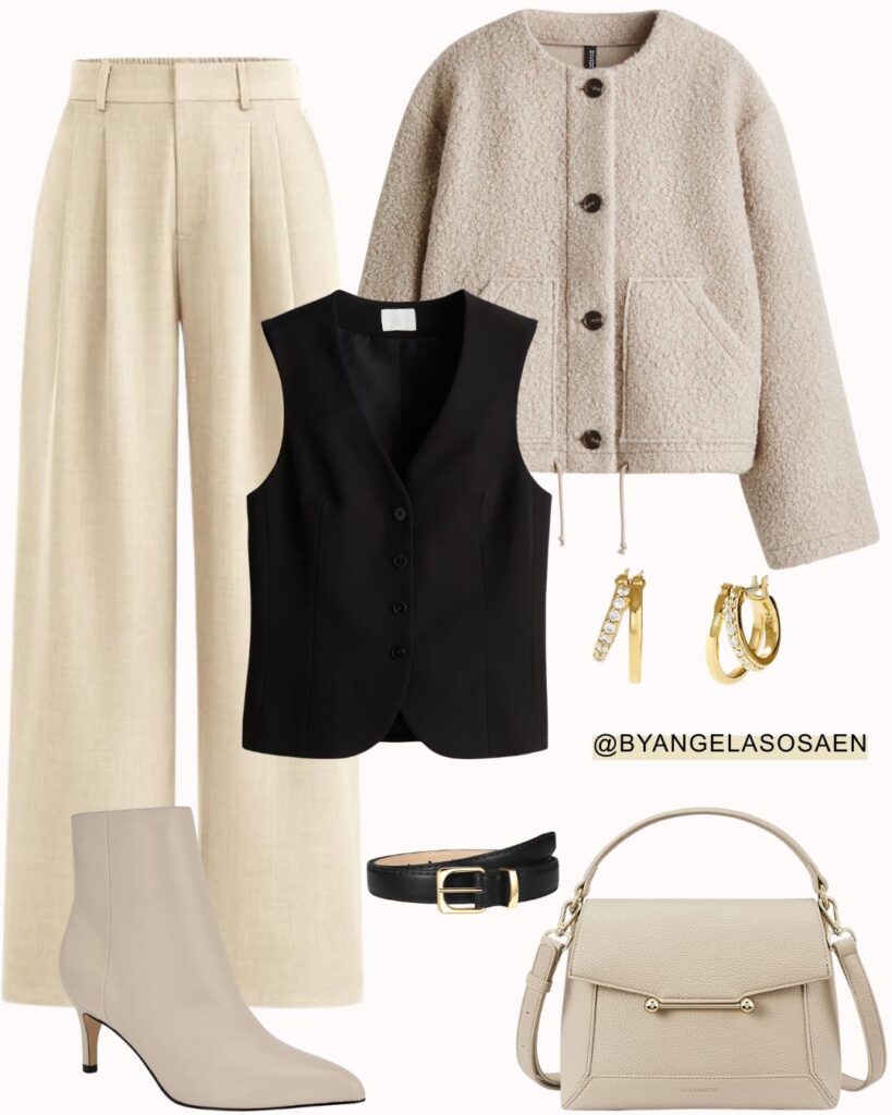 Beige Pants + Black Vest Look