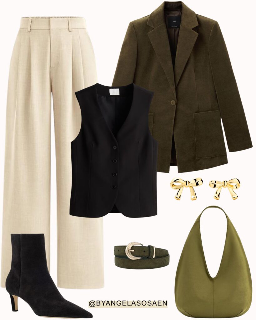 Beige Pants + Black Vest Outfit