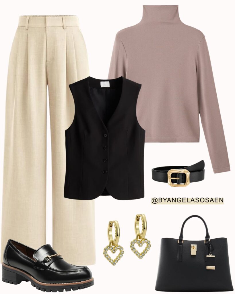 Beige Pants + Black Vest Look
