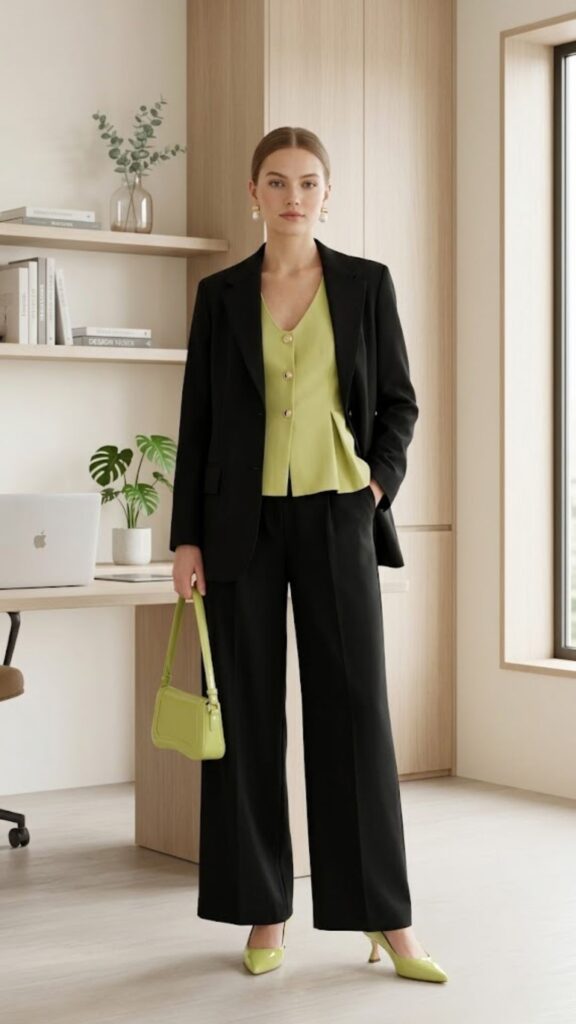 Black blazer outfit with a pop of green