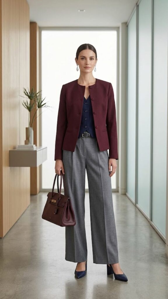 Navy blue + Grey + burgundy