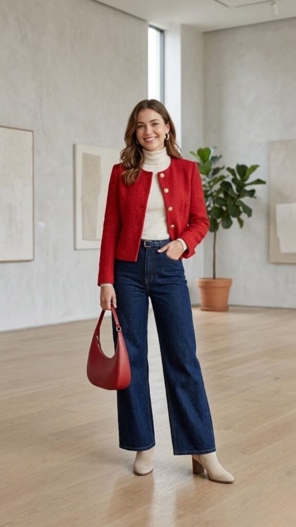 Navy blue + red + beige
