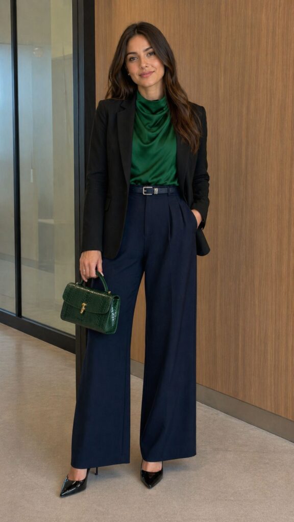 Navy blue + emerald green + black