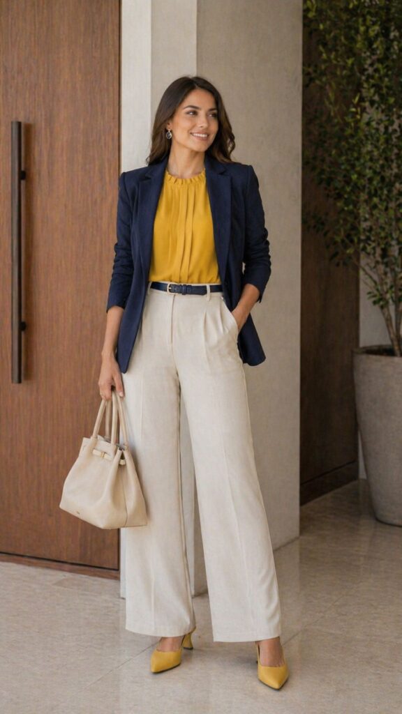 Navy blue + mustard yellow + cream
