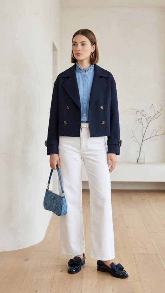Navy blue + denim blue + white