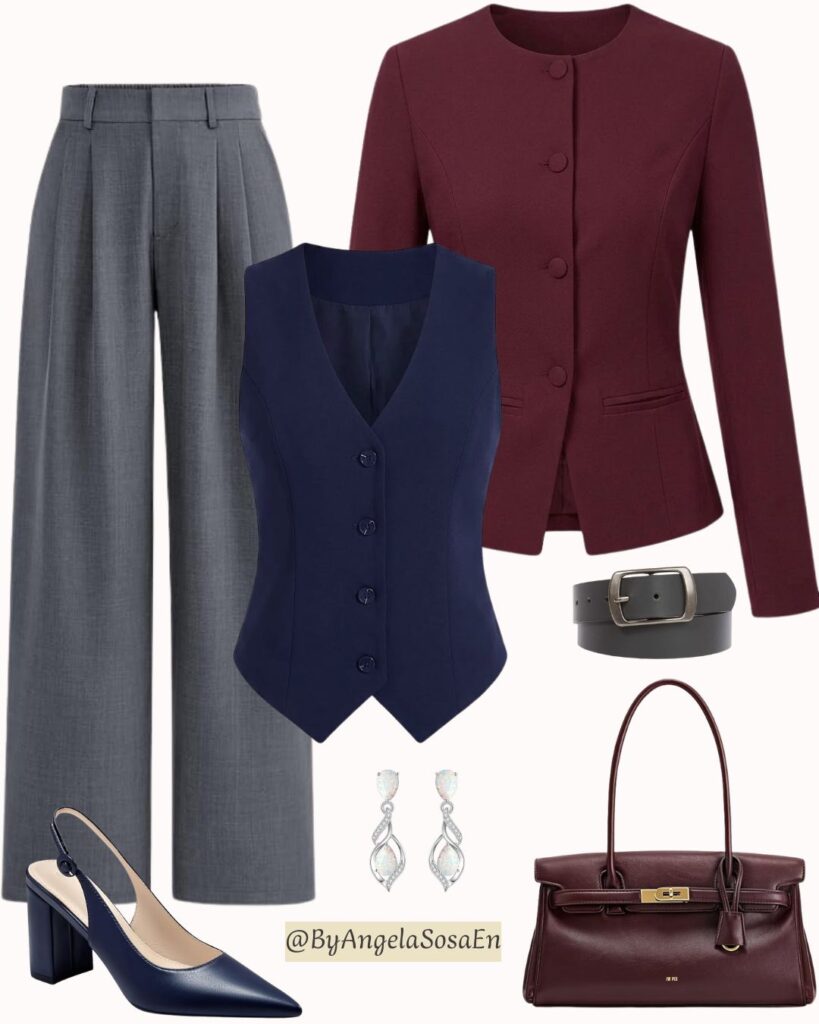 Navy blue + Grey + burgundy