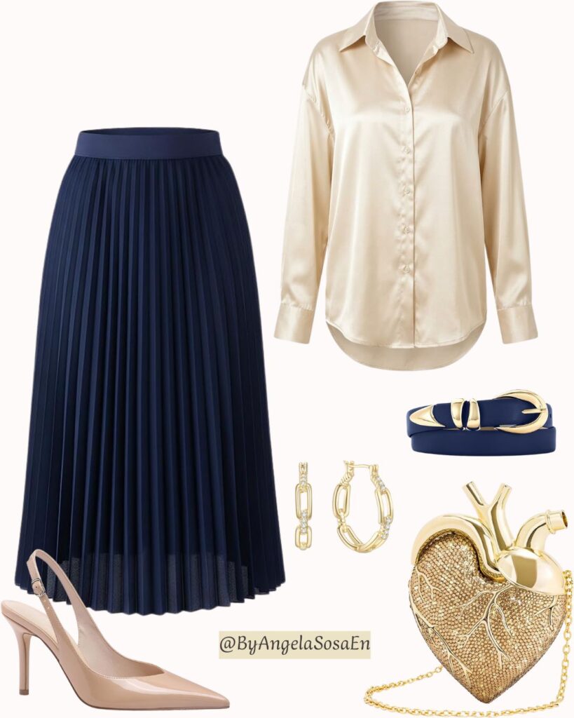Navy blue + beige + gold