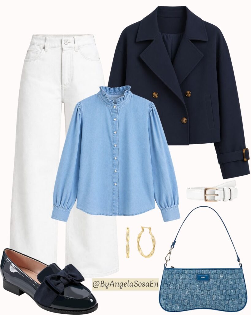 Navy blue + denim blue + white