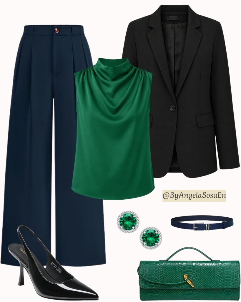 Navy blue + emerald green + black
