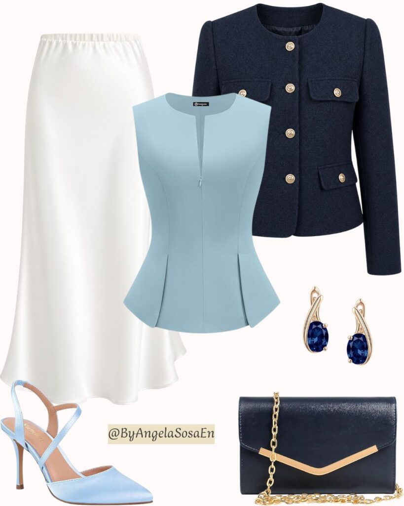 Navy blue + light blue + white