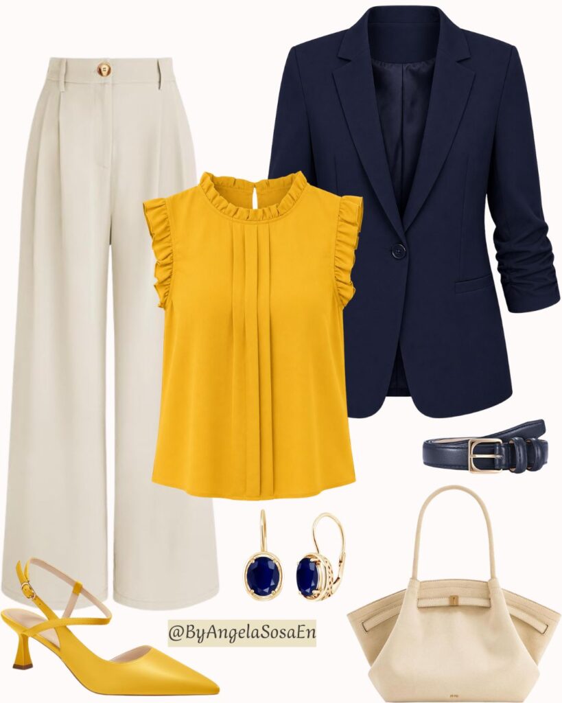 Navy blue + mustard yellow + cream