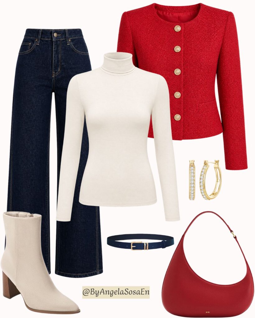 Navy blue + red + beige
