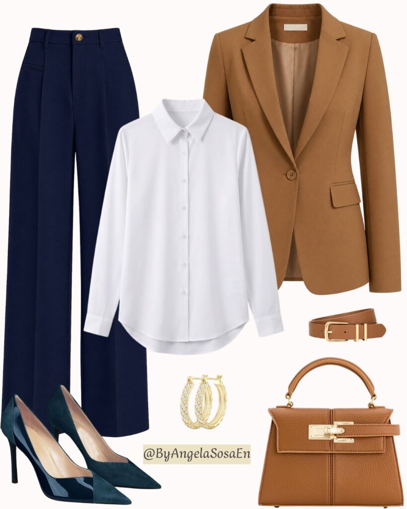 Navy blue + white + camel